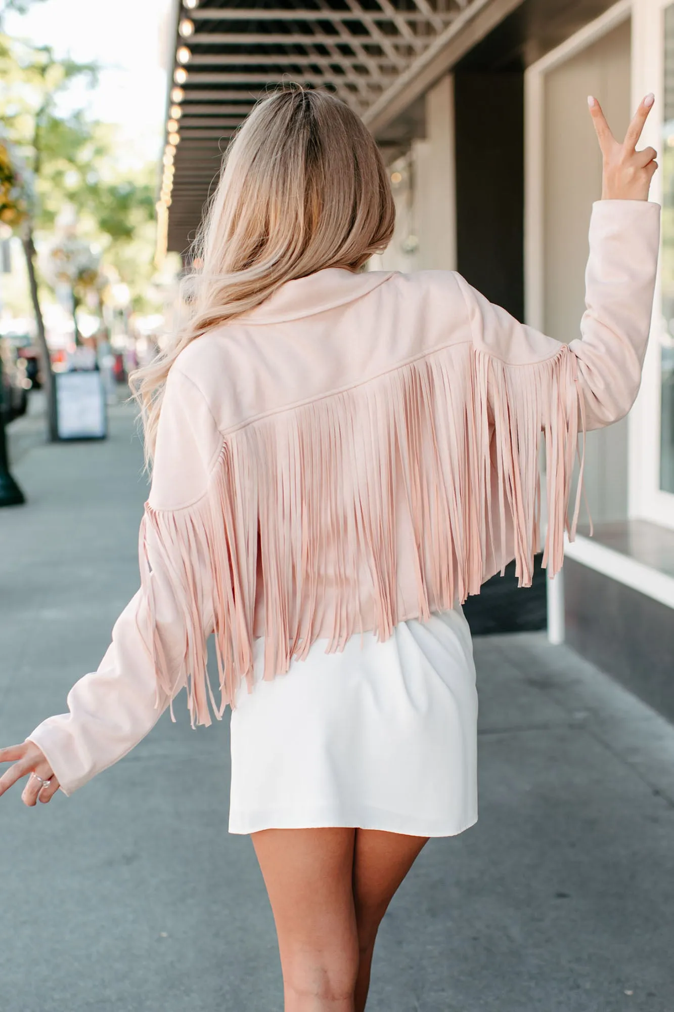 Daring Delight Faux Suede Fringe Jacket (Blush)