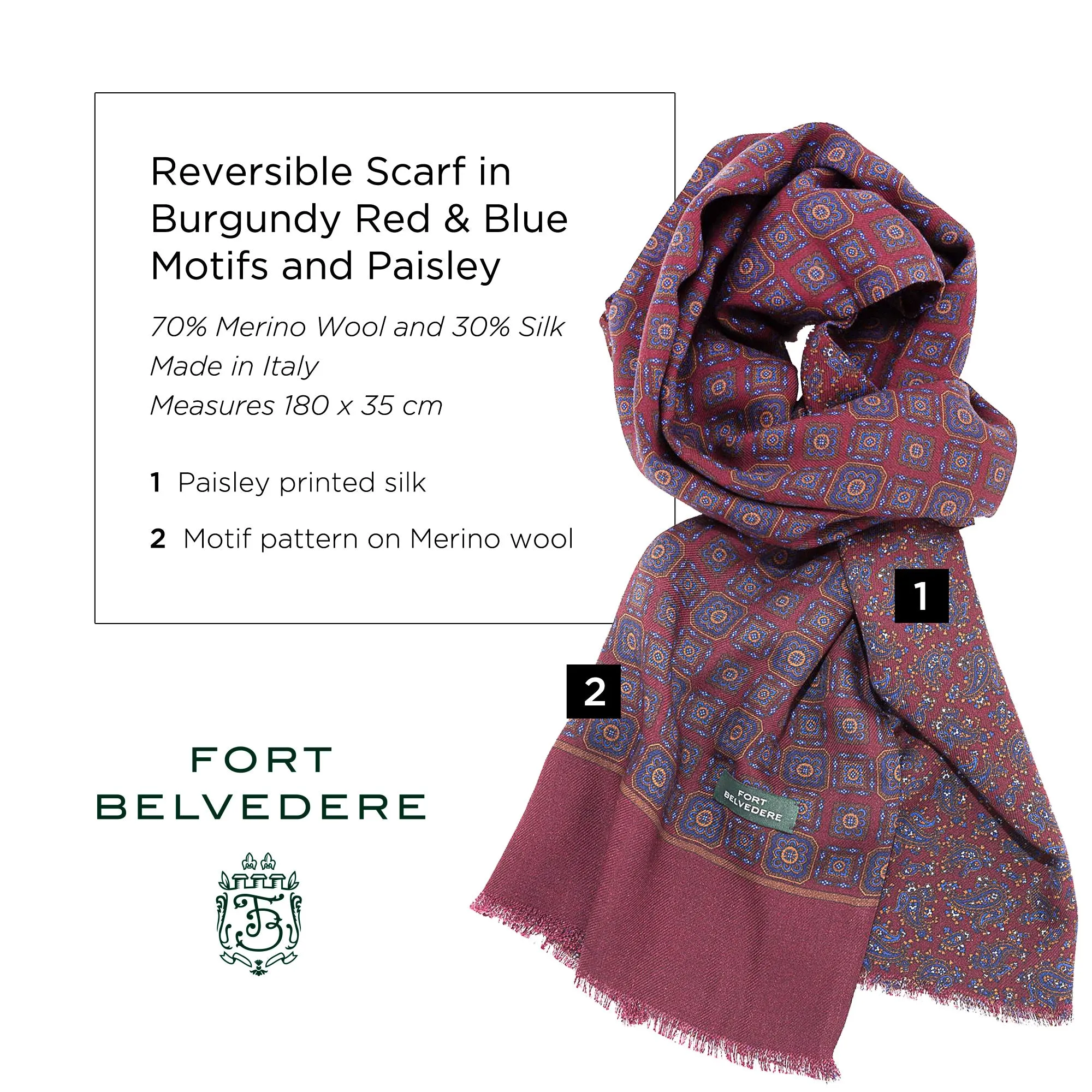 Dark Red Motif & Paisley Reversible Scarf