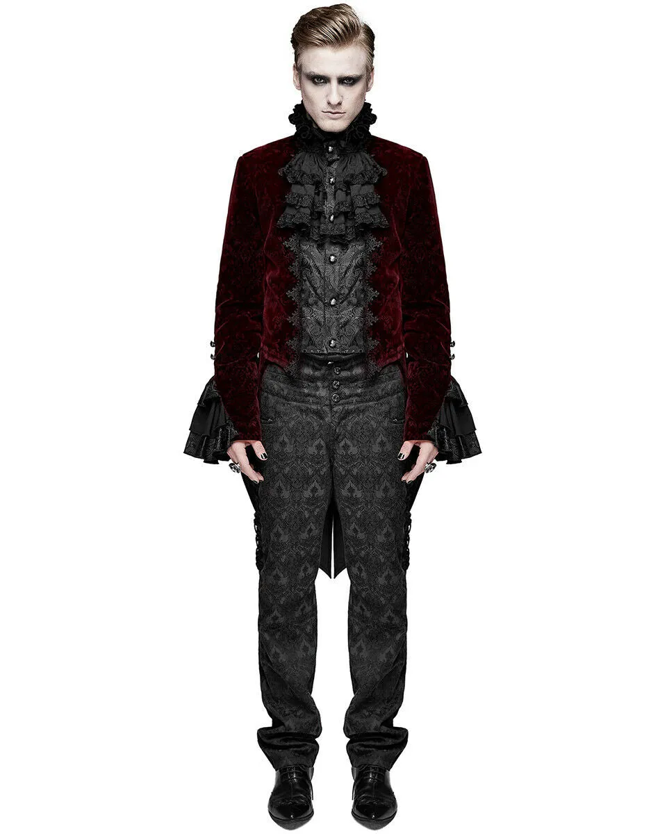 Devil Fashion Athanasius Mens Gothic Tailcoat Jacket - Red & Black Damask