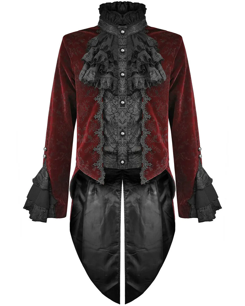 Devil Fashion Athanasius Mens Gothic Tailcoat Jacket - Red & Black Damask