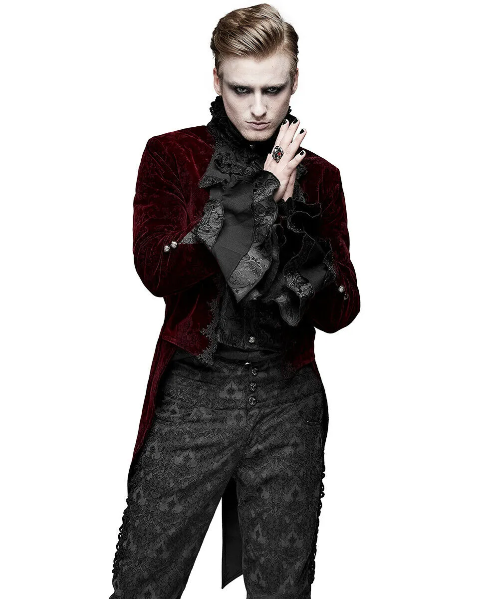 Devil Fashion Athanasius Mens Gothic Tailcoat Jacket - Red & Black Damask