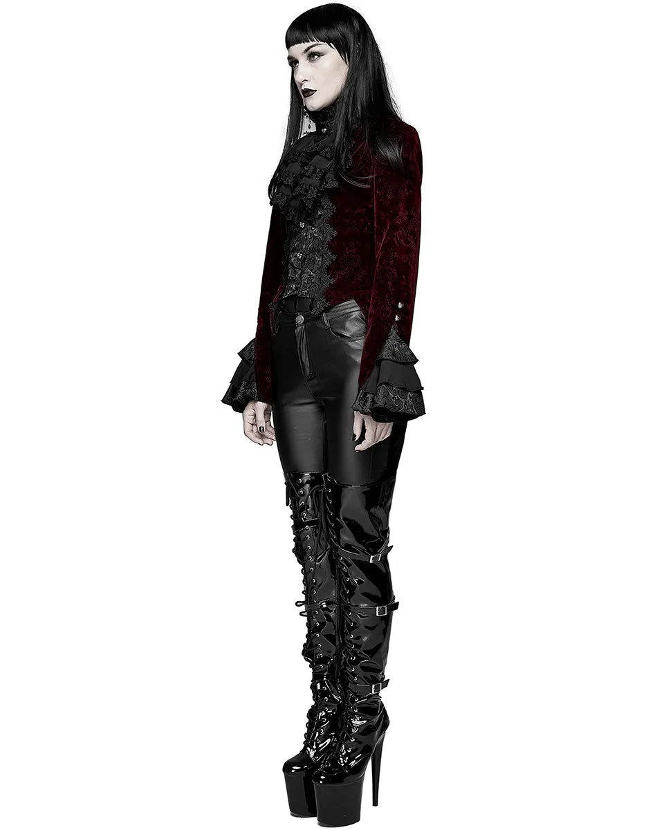 Devil Fashion Athanasius Womens Gothic Tailcoat Jacket - Red & Black Damask