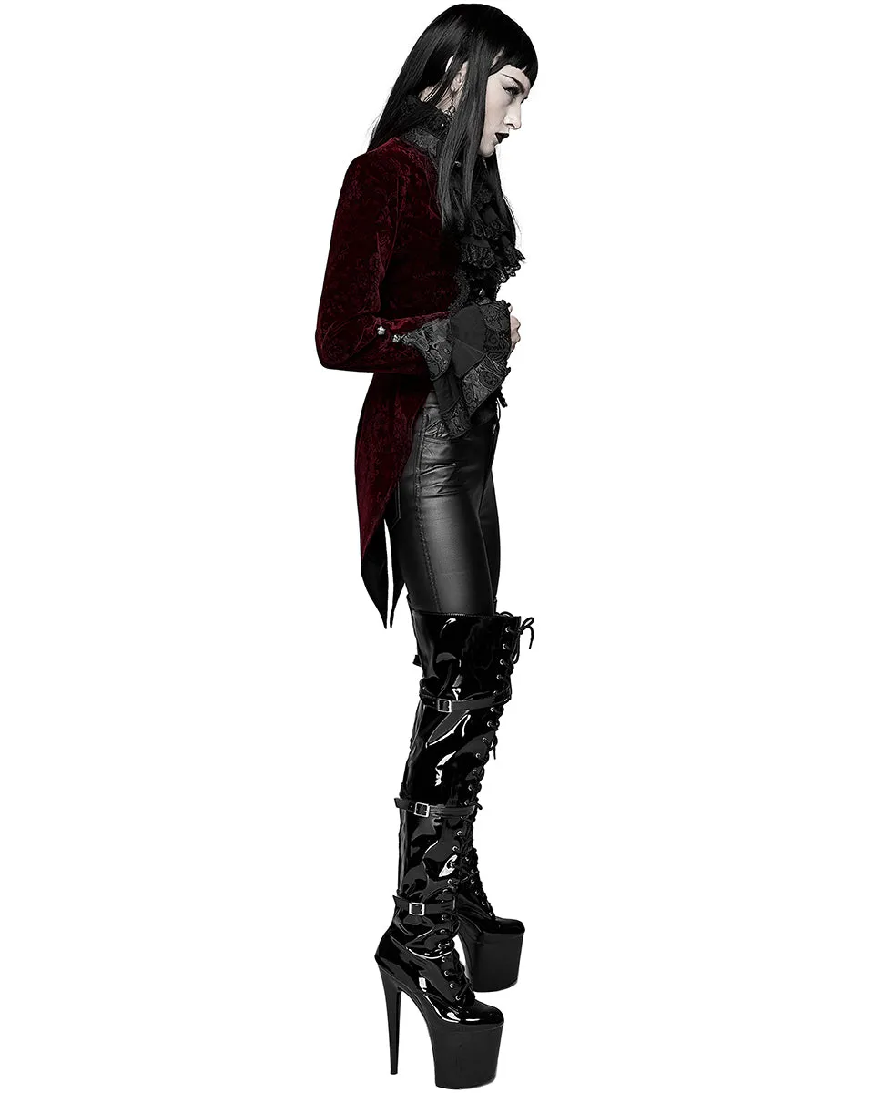 Devil Fashion Athanasius Womens Gothic Tailcoat Jacket - Red & Black Damask