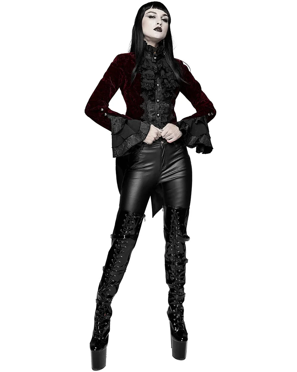 Devil Fashion Athanasius Womens Gothic Tailcoat Jacket - Red & Black Damask