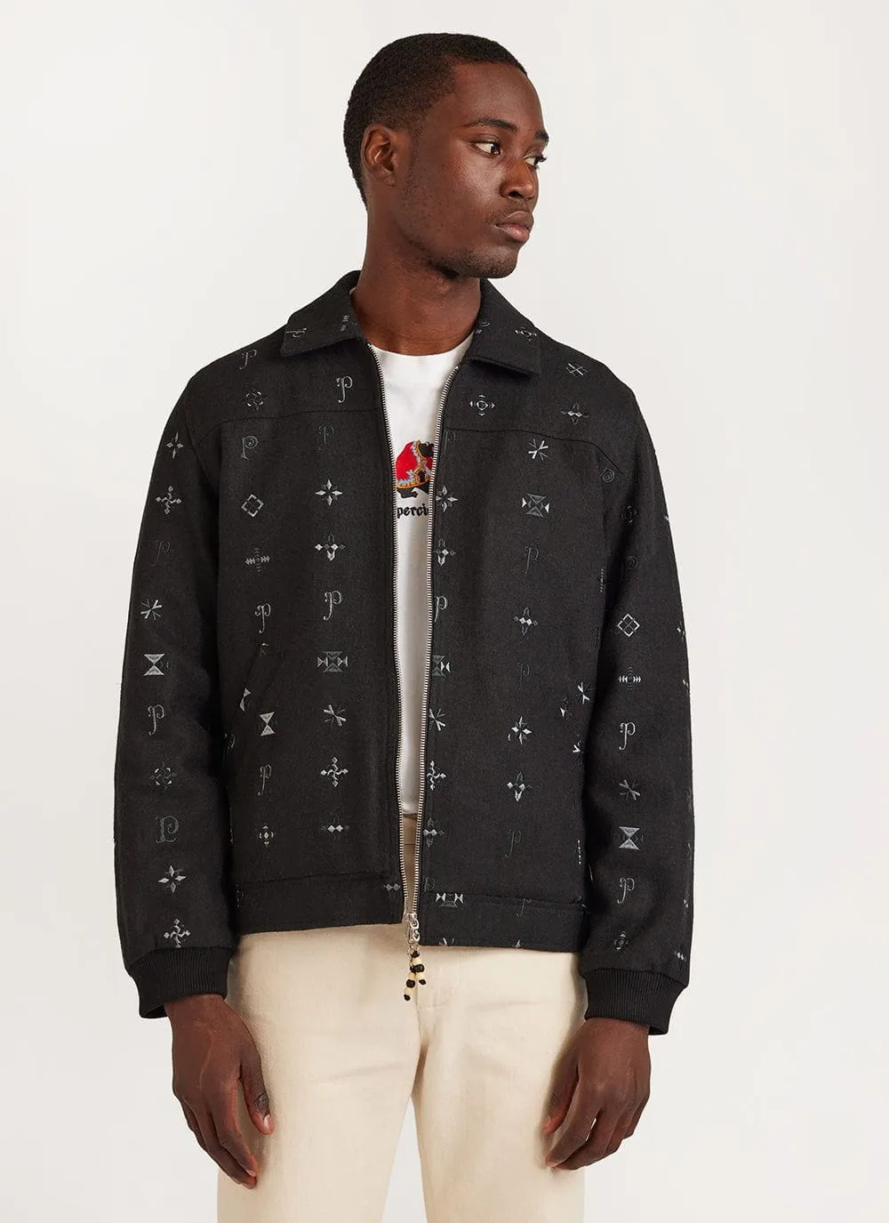 Drop Cap Jacket | Embroidered Wool | Black