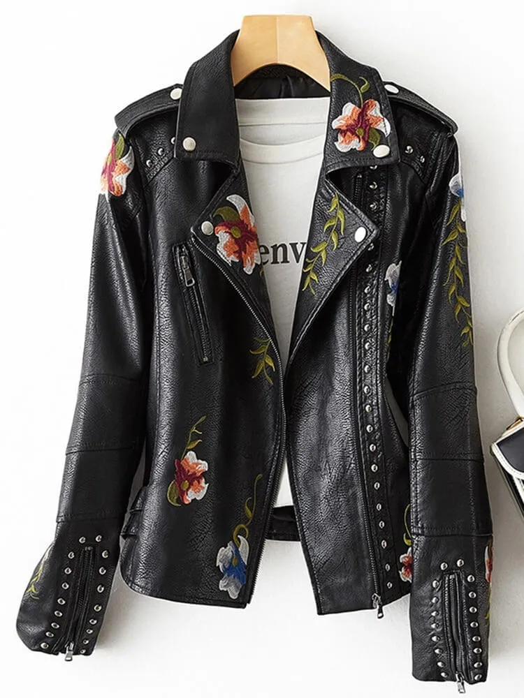 Embroidered Fuax Leather Jacket