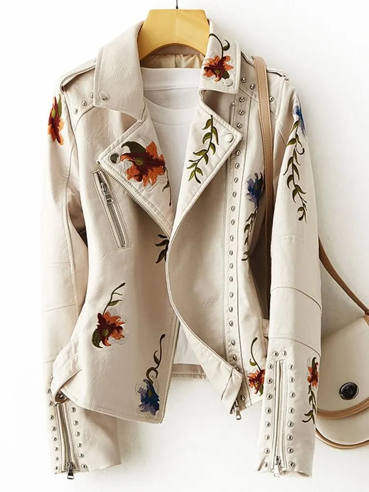 Embroidered Fuax Leather Jacket