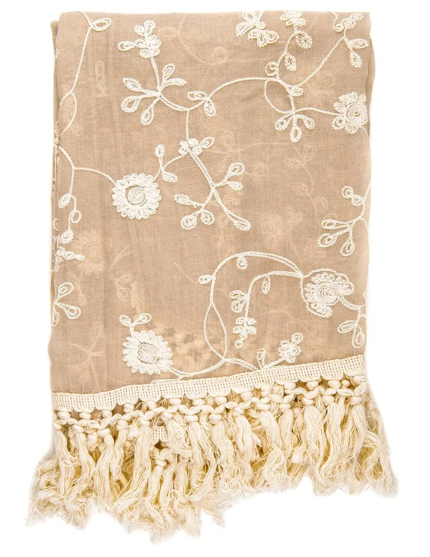 Embroidered Vine Scarf with Tassles