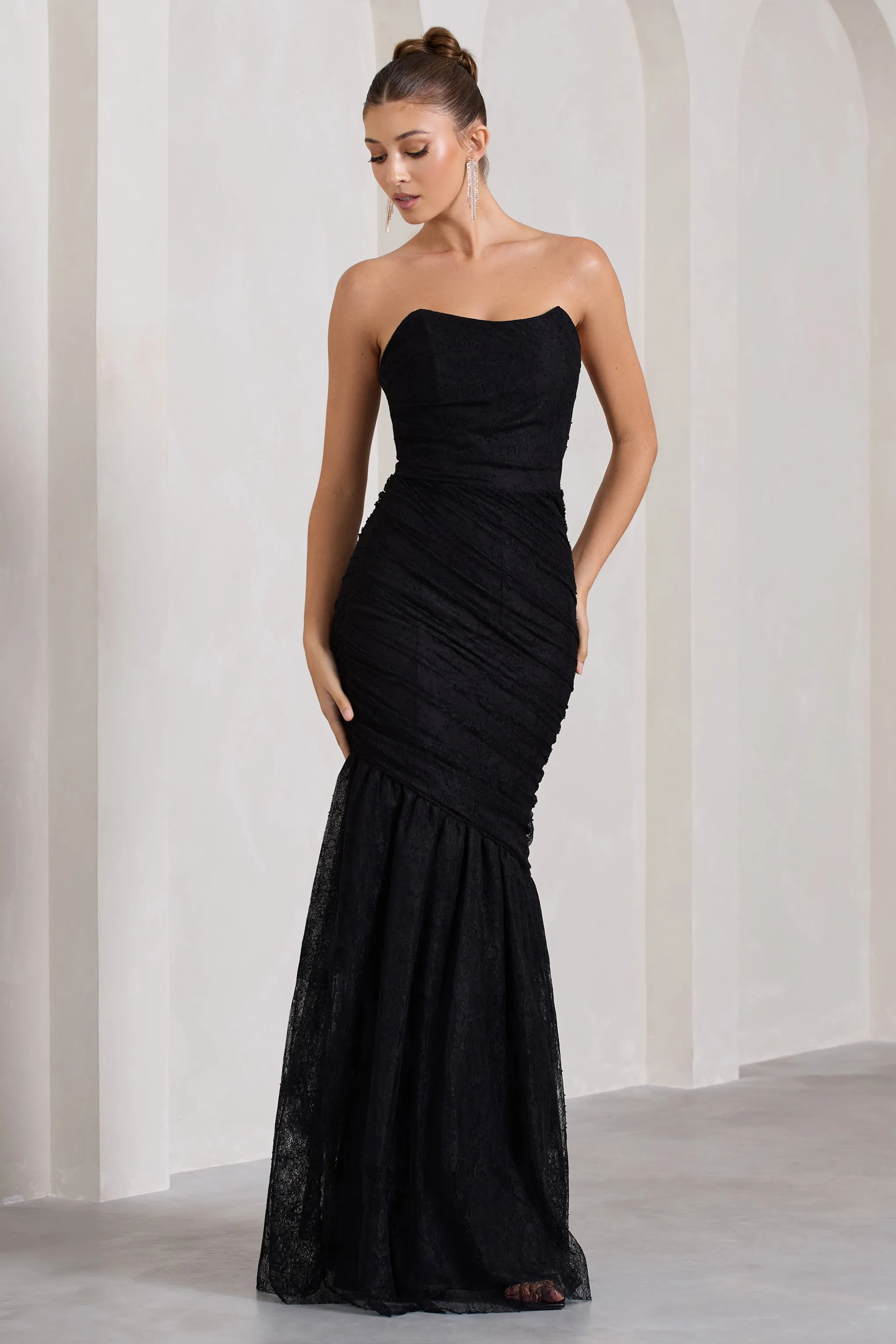 Encapsulate | Black Lace Ruched Strapless Fishtail Maxi Dress