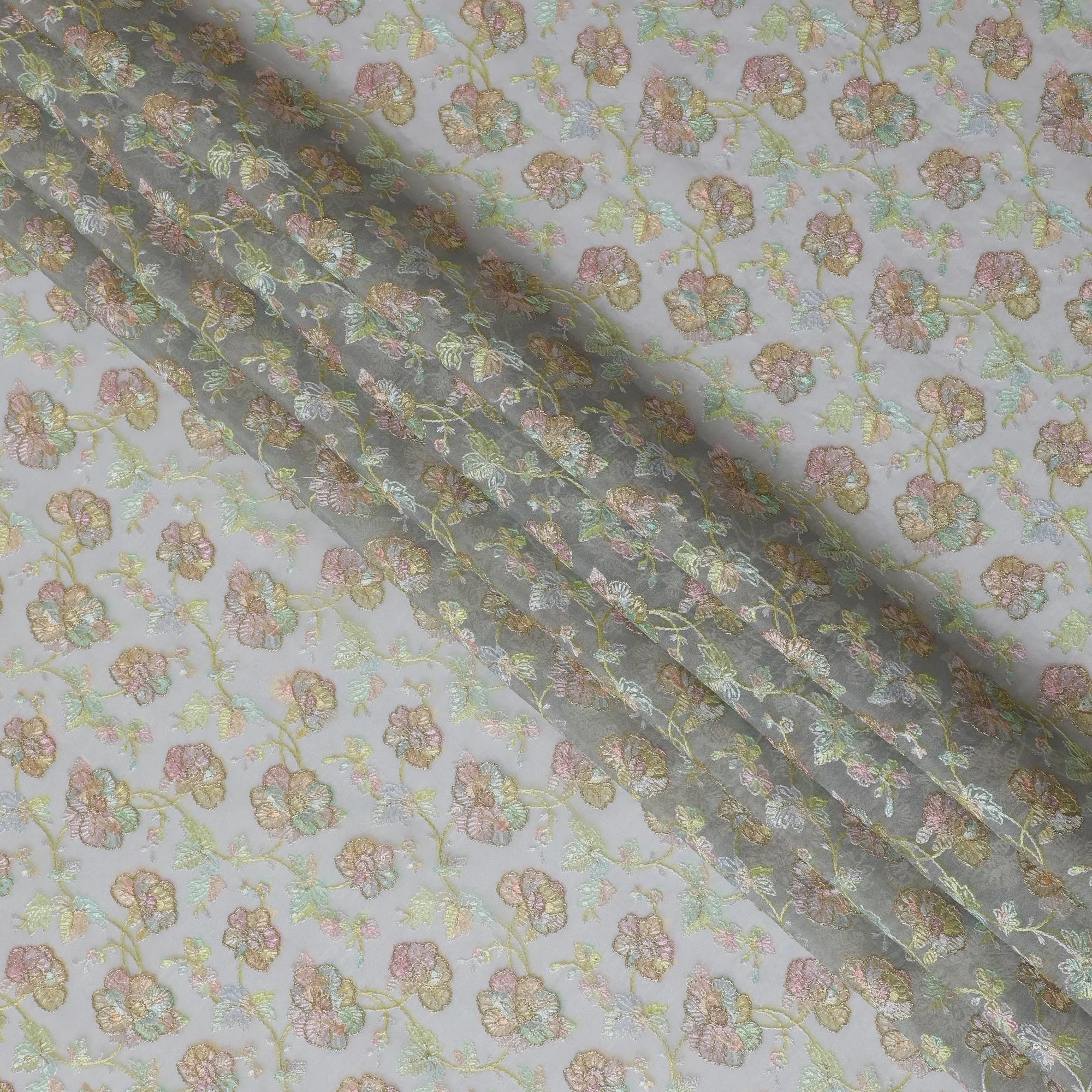 Enchanted Garden Silk Organza Fabric with Pastel Floral Embroidery, 110 cm Wide - Ethereal Indian Craft-D18979