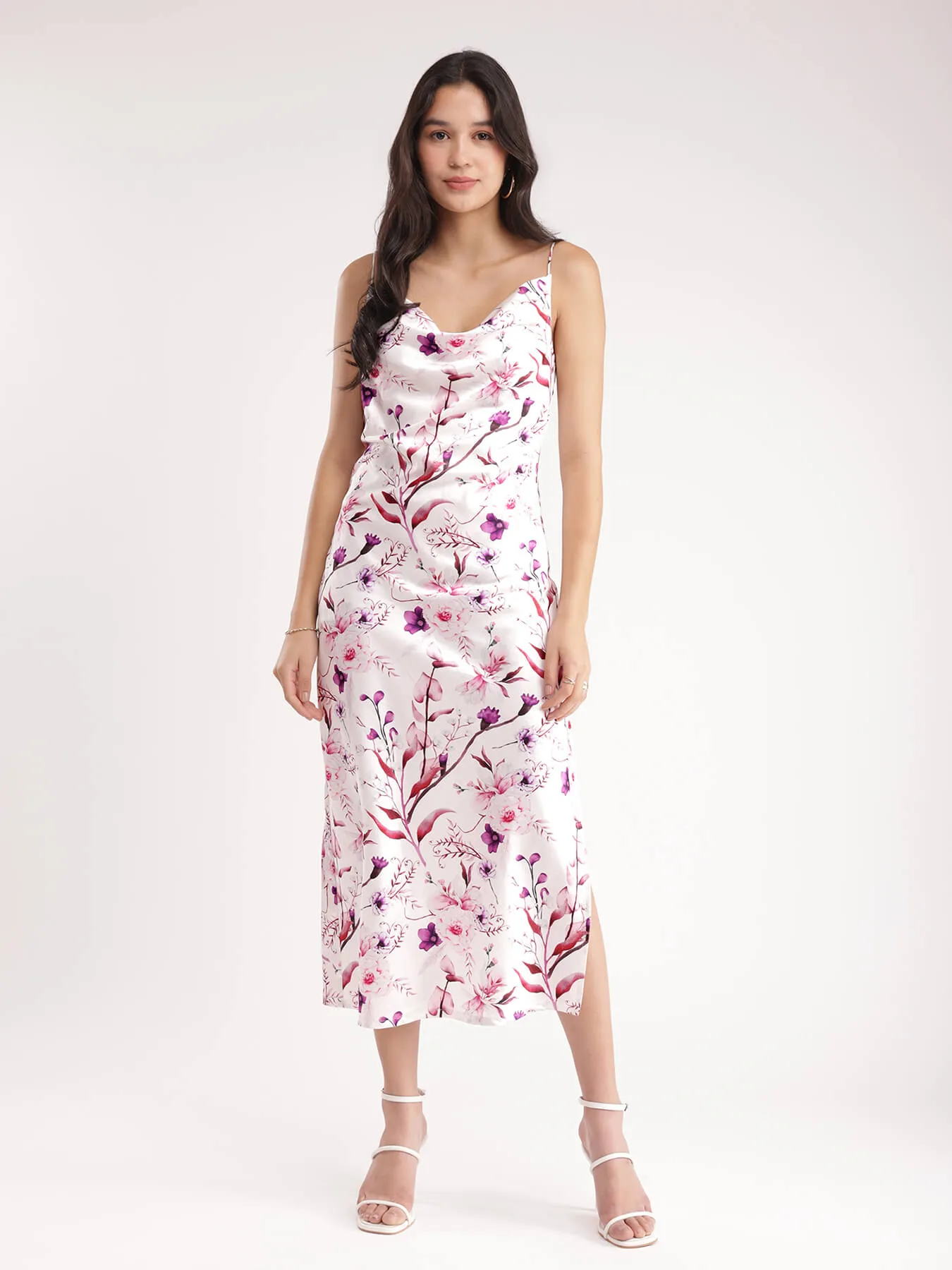 Floral Slip Dress - White And Purple