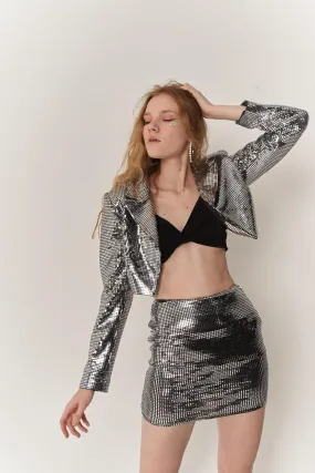 Glammy Silver Sequin Cropped Jacket