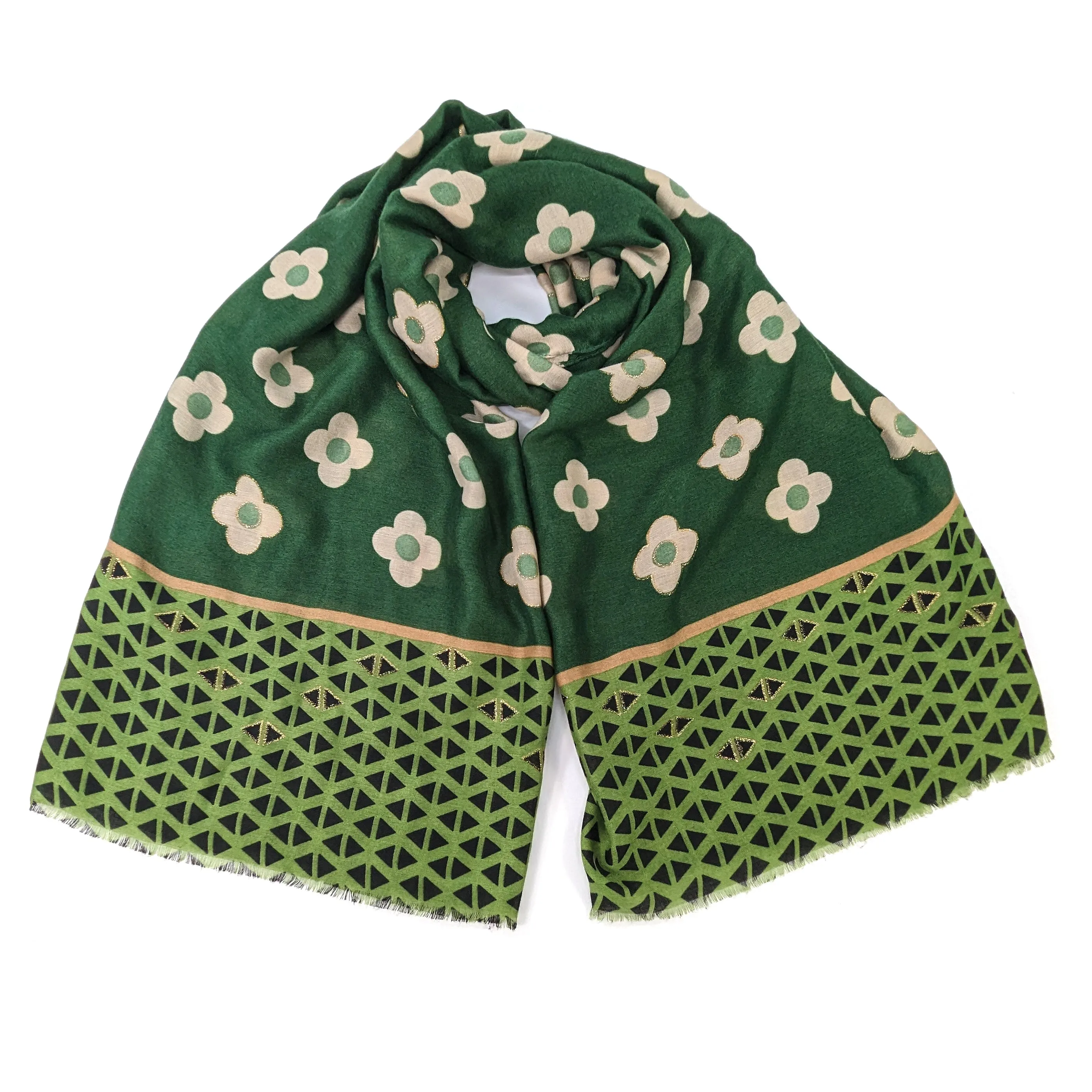 Gold Retro Flower Scarf - Forest Green (50x180cm)