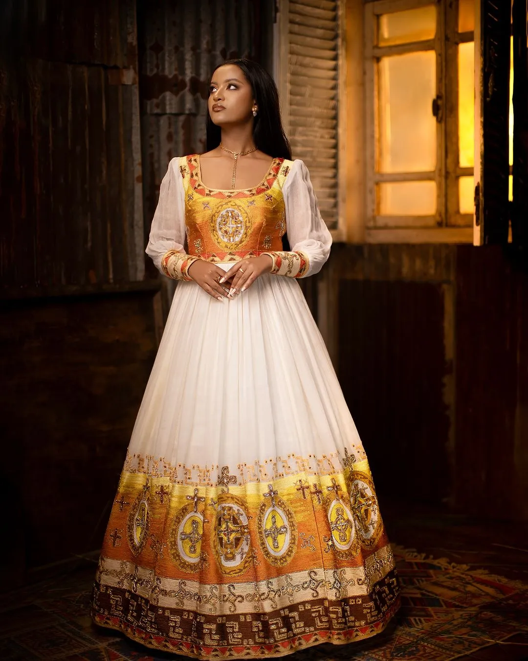 Golden Ethiopian Traditional Dress: with Shimmering Cross Detailing Habesha Dress