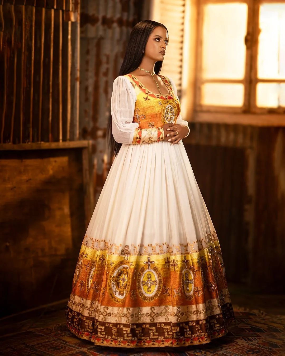 Golden Ethiopian Traditional Dress: with Shimmering Cross Detailing Habesha Dress