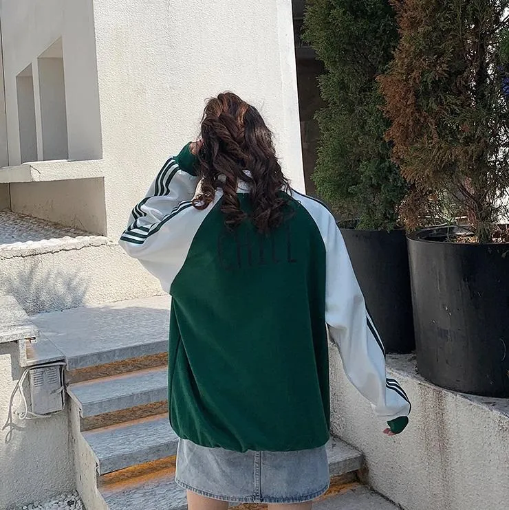 Green White Chill Back Print Sporty Windbreaker Jacket