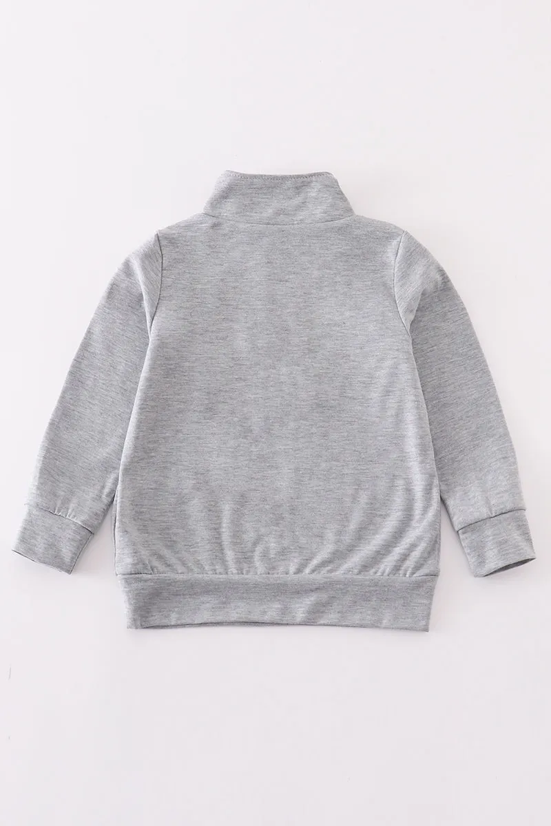 Grey character embroidery boy zipper pullover