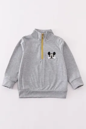 Grey character embroidery boy zipper pullover