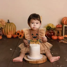 Halloween Cake Smash Baby Girl Outfit, Newborn Pumpkin Lace Romper Dress