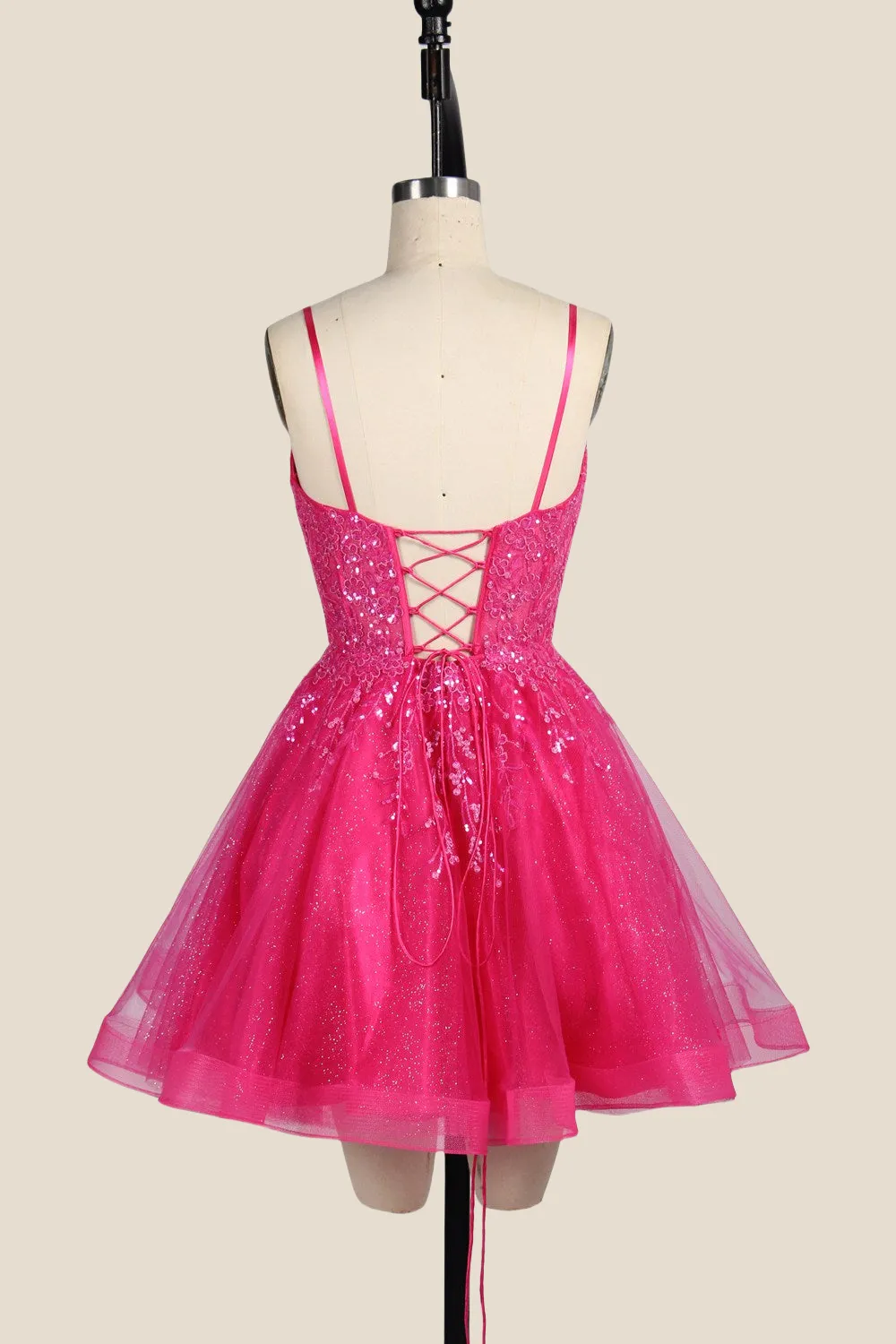 Hot Pink Appliques Tulle A-line Short Dress