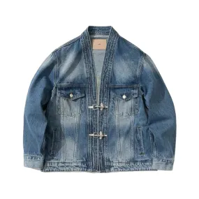 Kimono style denim shirt jacket with buckles