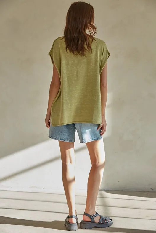 Knit Sweater V-Neck Sleeveless Top with Side Slits Olive