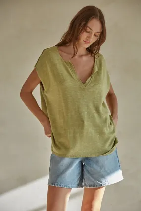 Knit Sweater V-Neck Sleeveless Top with Side Slits Olive