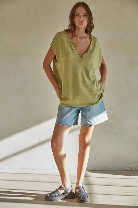 Knit Sweater V-Neck Sleeveless Top with Side Slits Olive