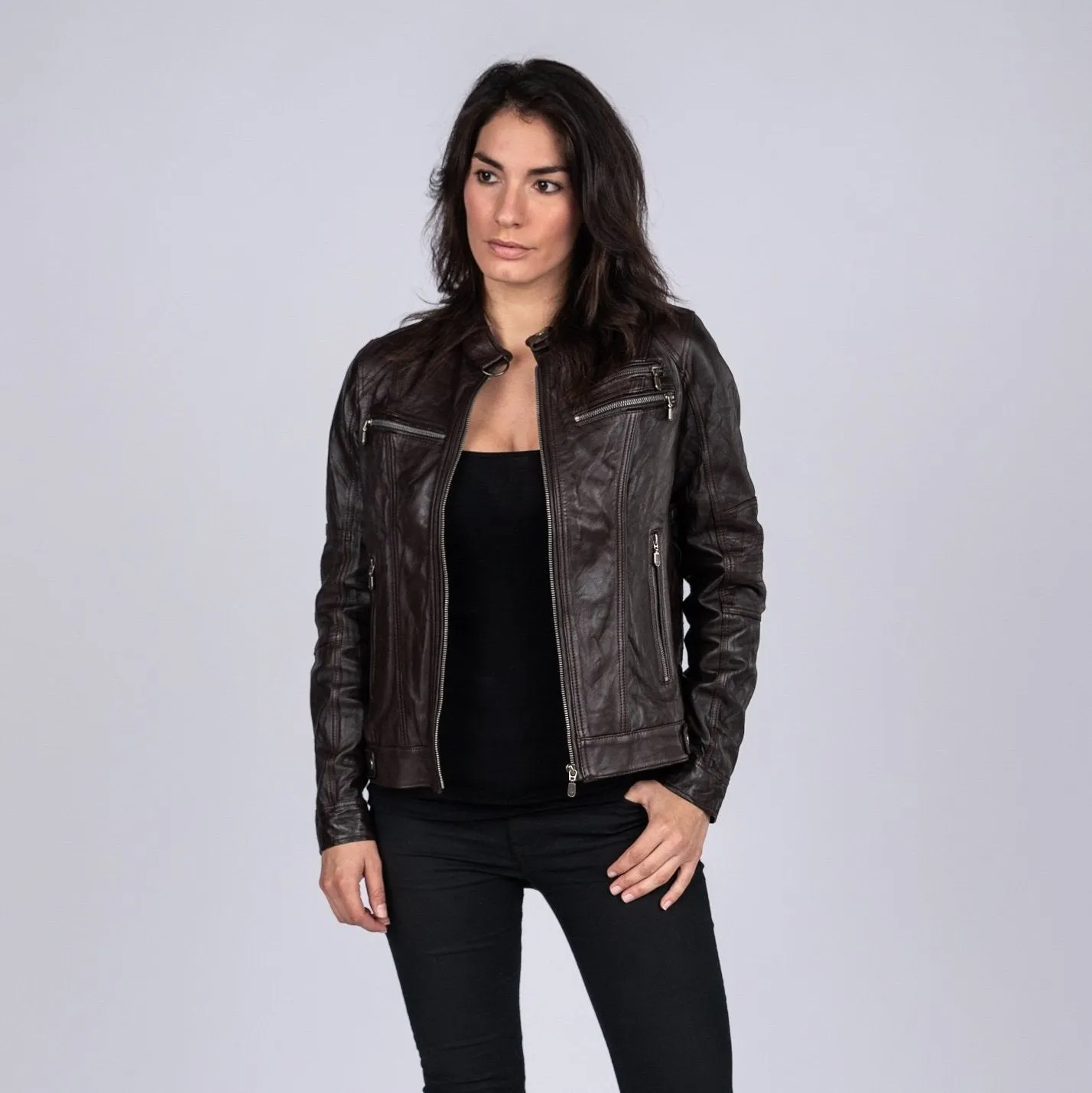 Ladies Elektra Washed Leather Jacket Brown