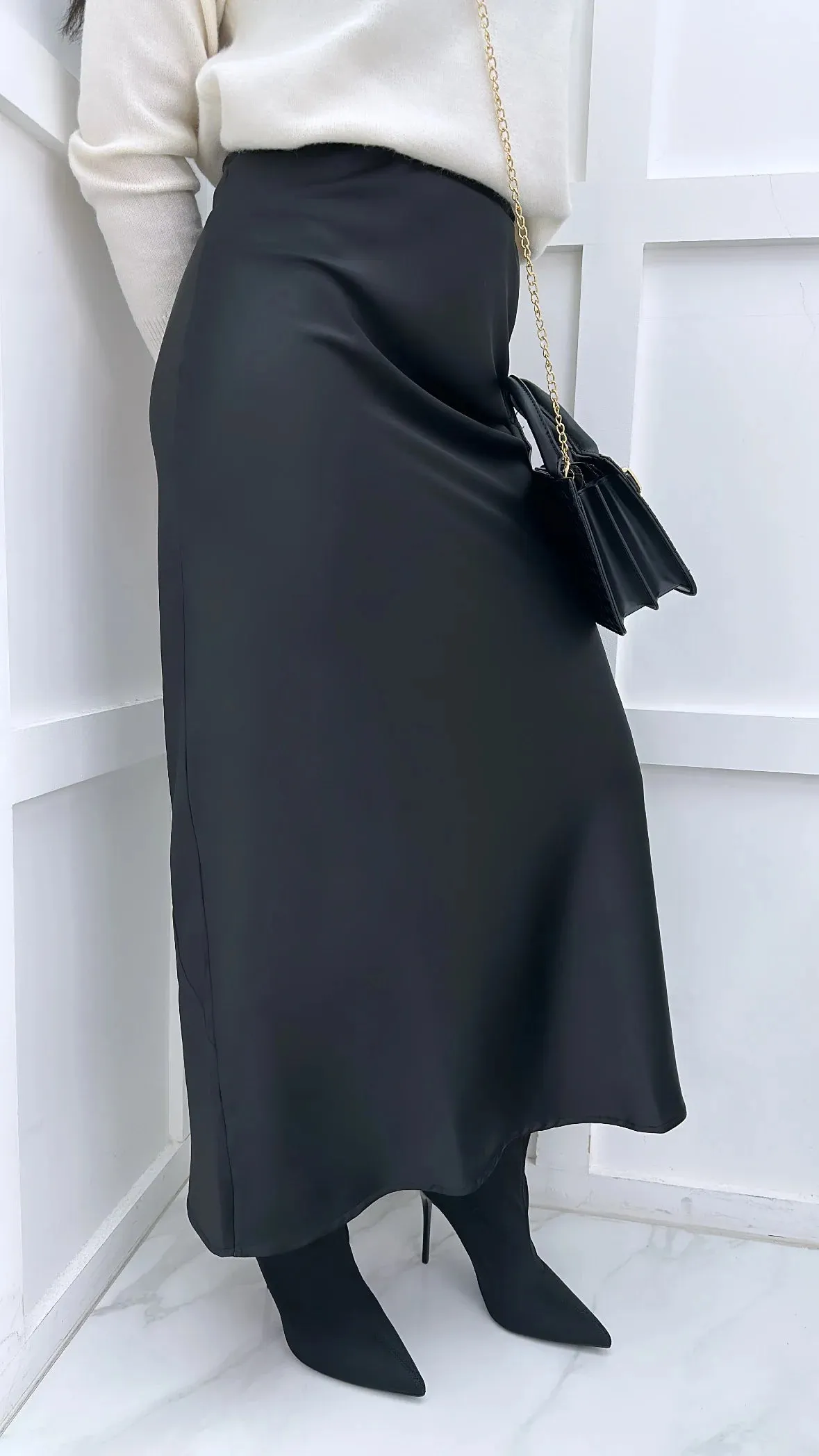 Leonie Black Satin Maxi Skirt