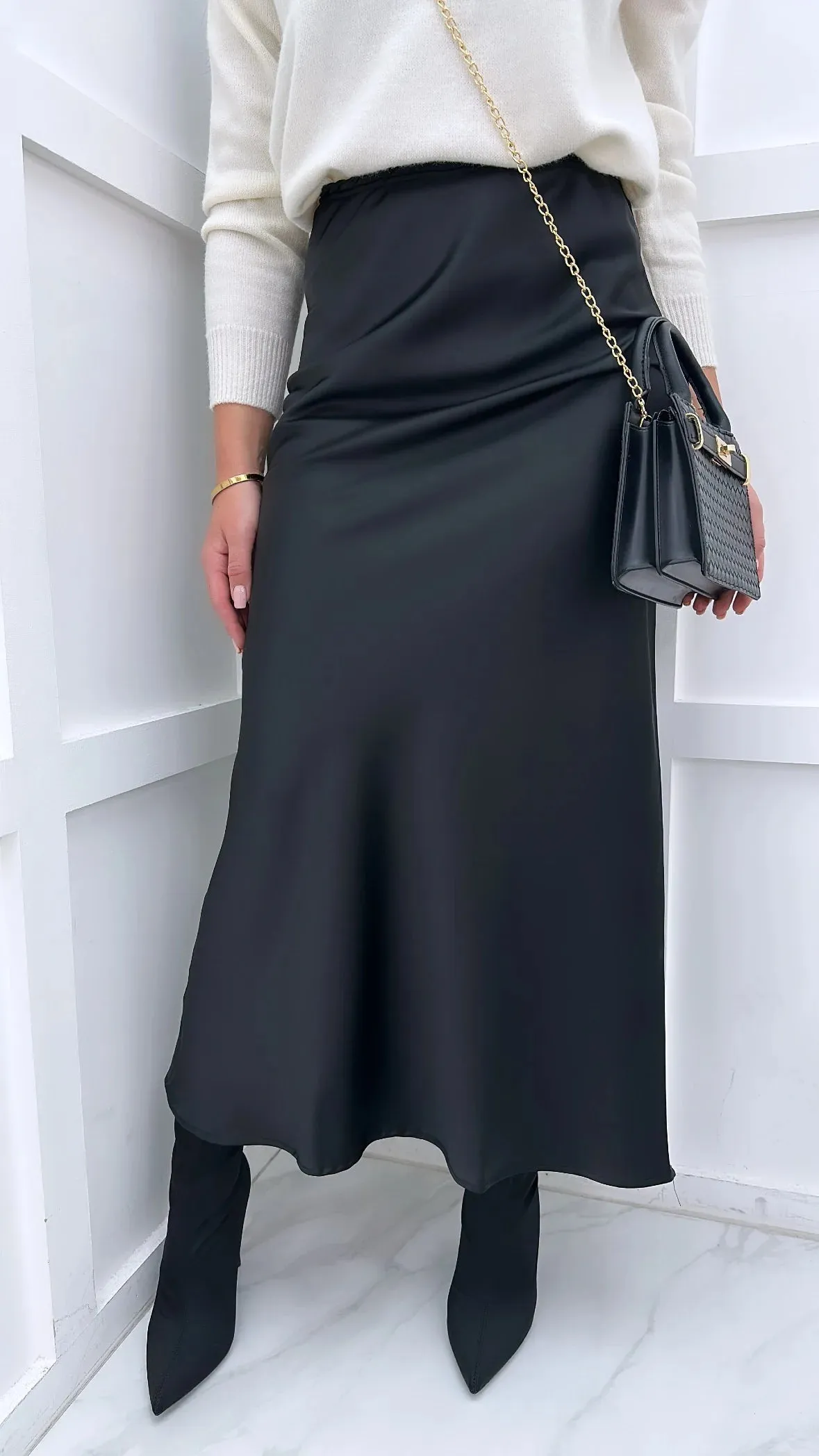 Leonie Black Satin Maxi Skirt