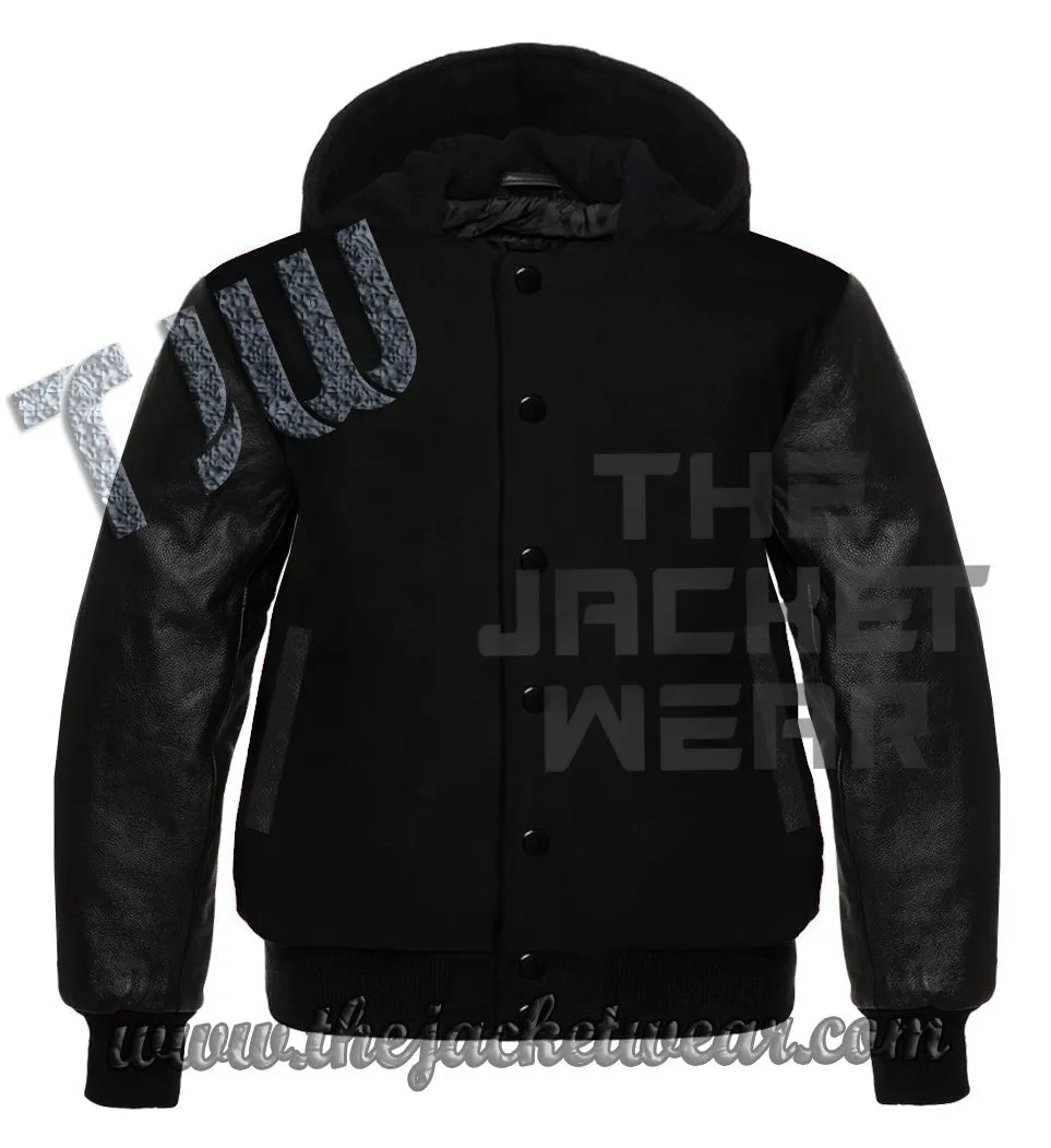 Lettermen Hoodies Black Wool & Black Leather Sleeve with Solid Black Trim