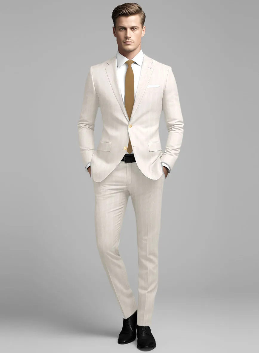 London Loom Beige Herringbone Wool Silk Linen Suit