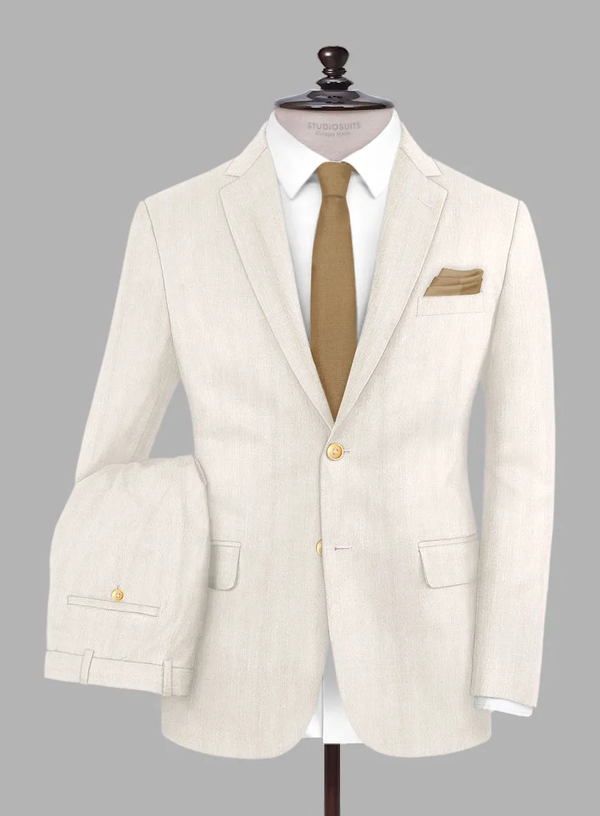 London Loom Beige Herringbone Wool Silk Linen Suit