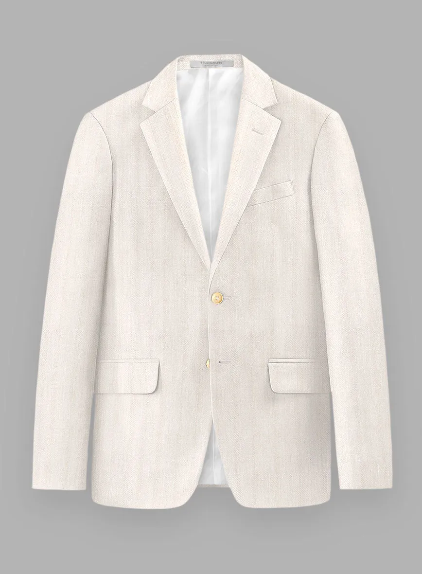 London Loom Beige Herringbone Wool Silk Linen Suit