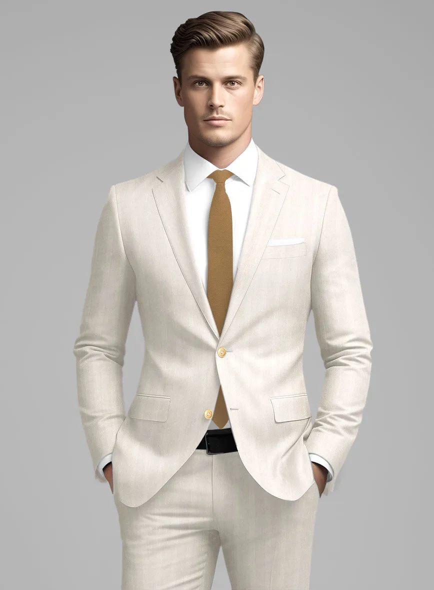 London Loom Beige Herringbone Wool Silk Linen Suit