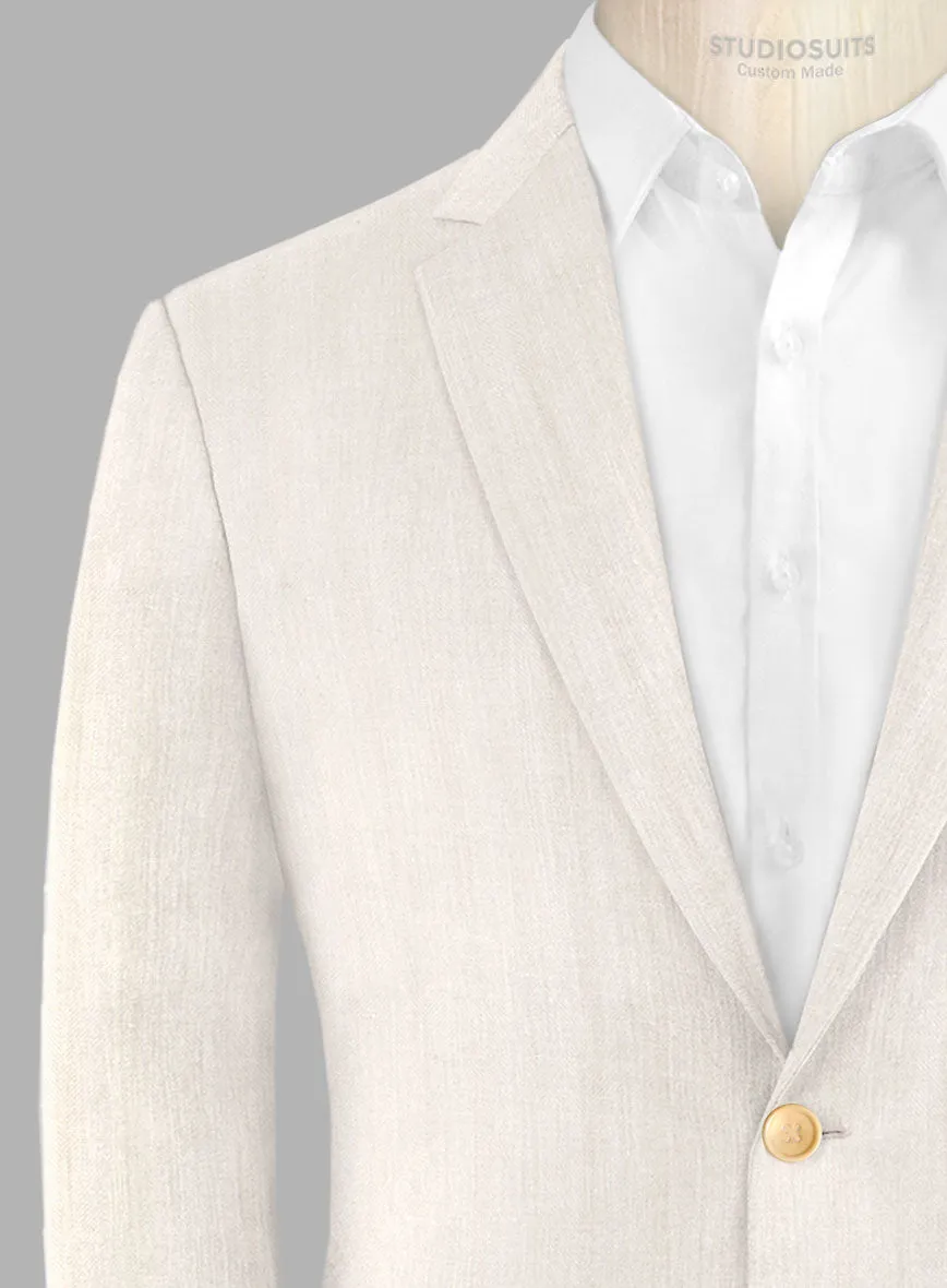 London Loom Beige Herringbone Wool Silk Linen Suit