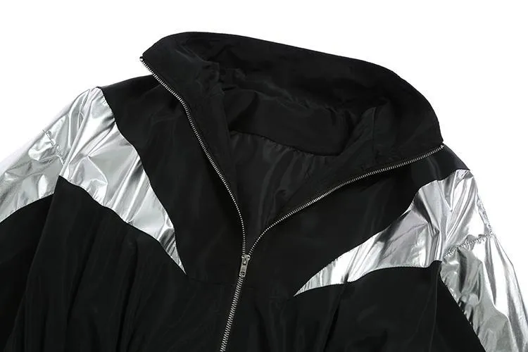 Long Black Oversized Sporty Windbreaker Retro Style Jacket