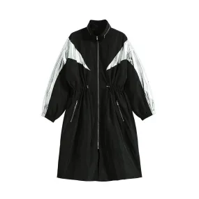 Long Black Oversized Sporty Windbreaker Retro Style Jacket