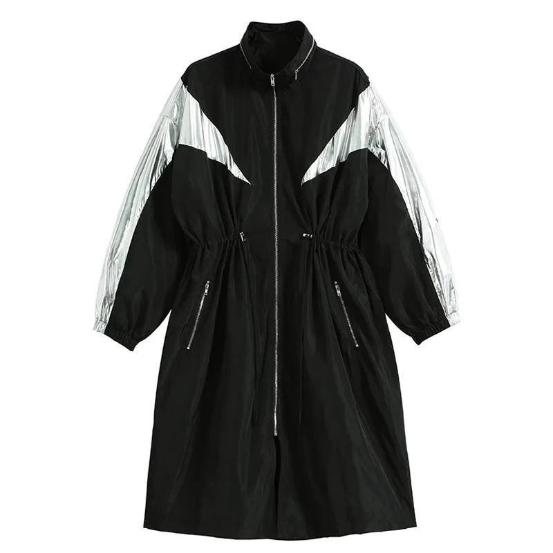 Long Black Oversized Sporty Windbreaker Retro Style Jacket