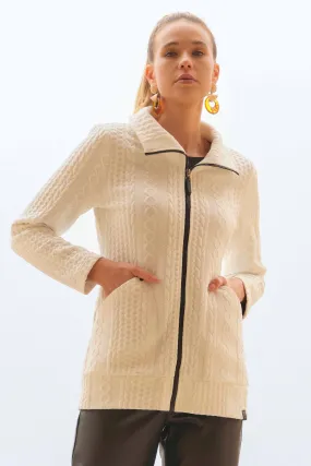 LONG EMBOSSED CABLE ZIP JACKET