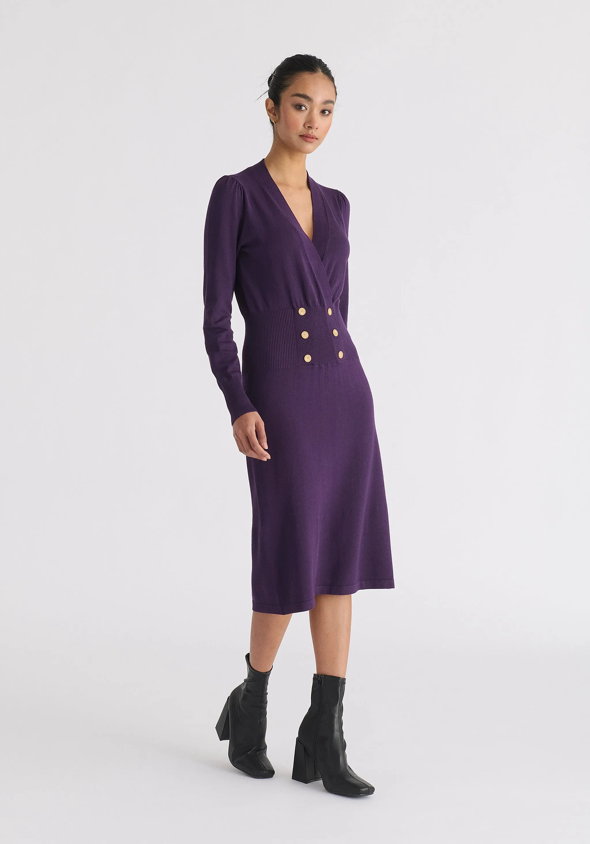 Long Sleeve Knitted Button Wrap Dress