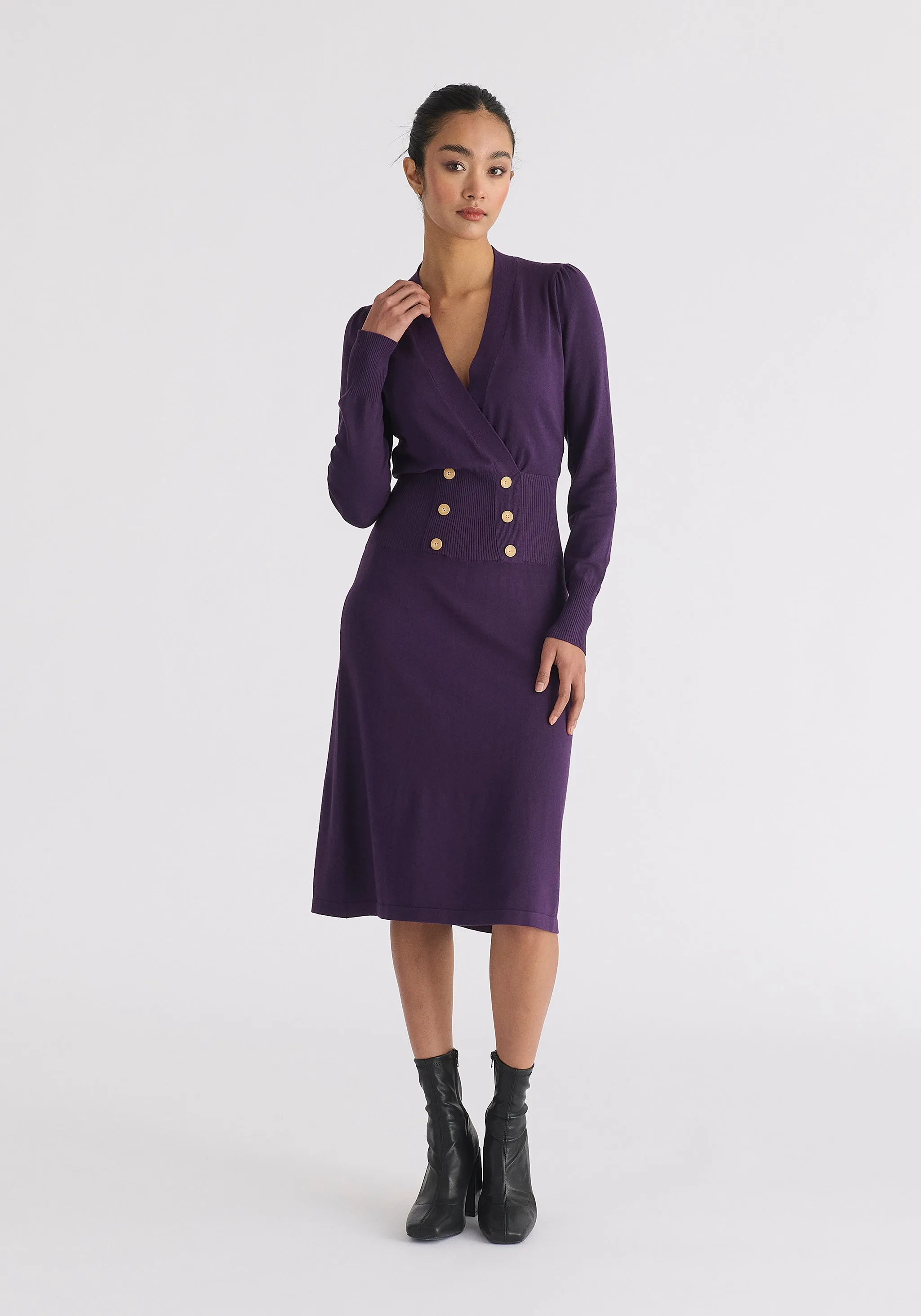 Long Sleeve Knitted Button Wrap Dress