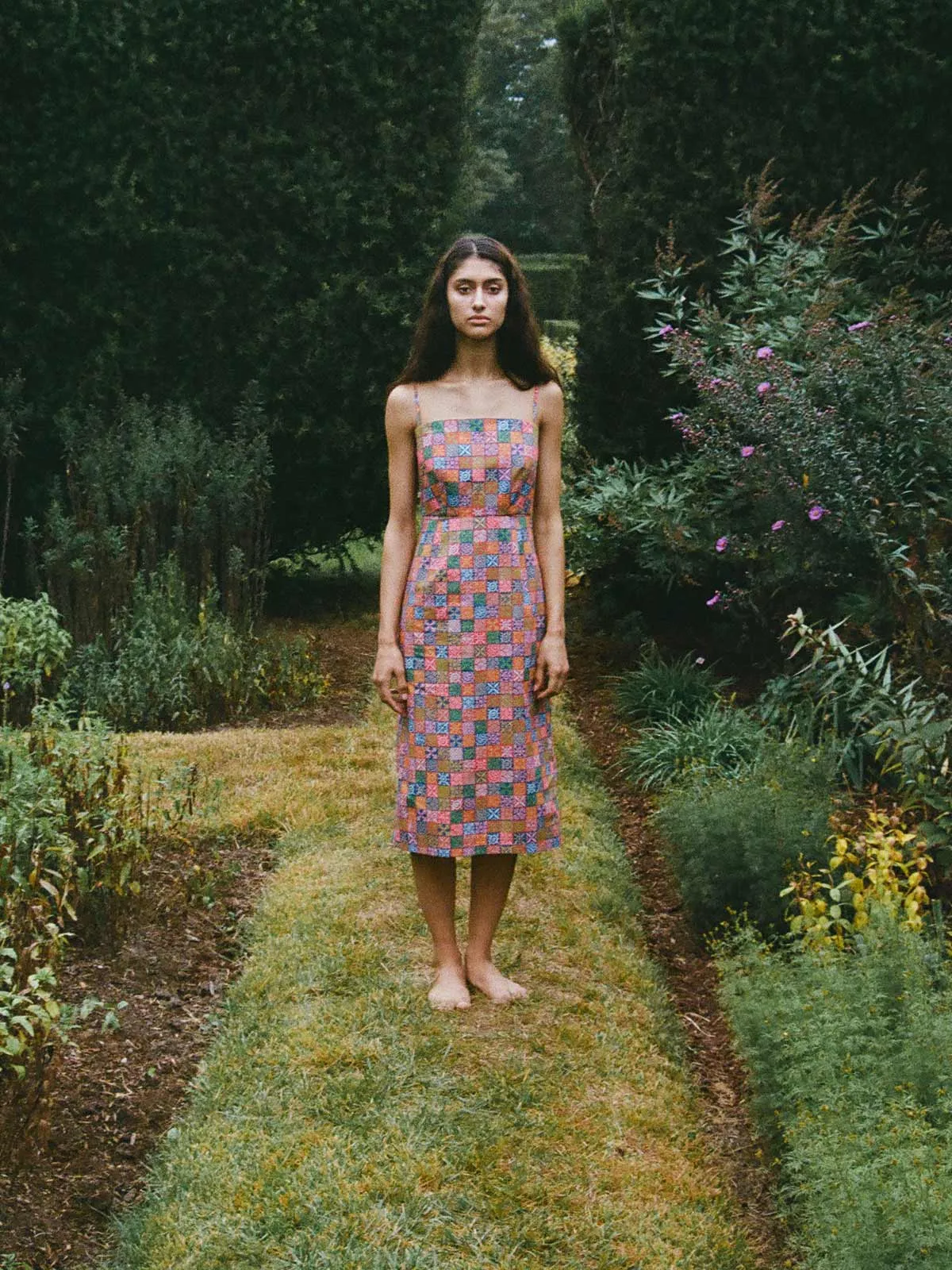 Long Slip Dress in Navy Checkerboard