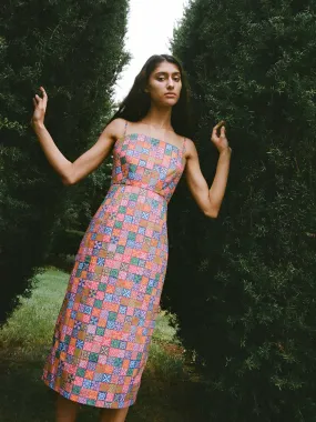 Long Slip Dress in Navy Checkerboard