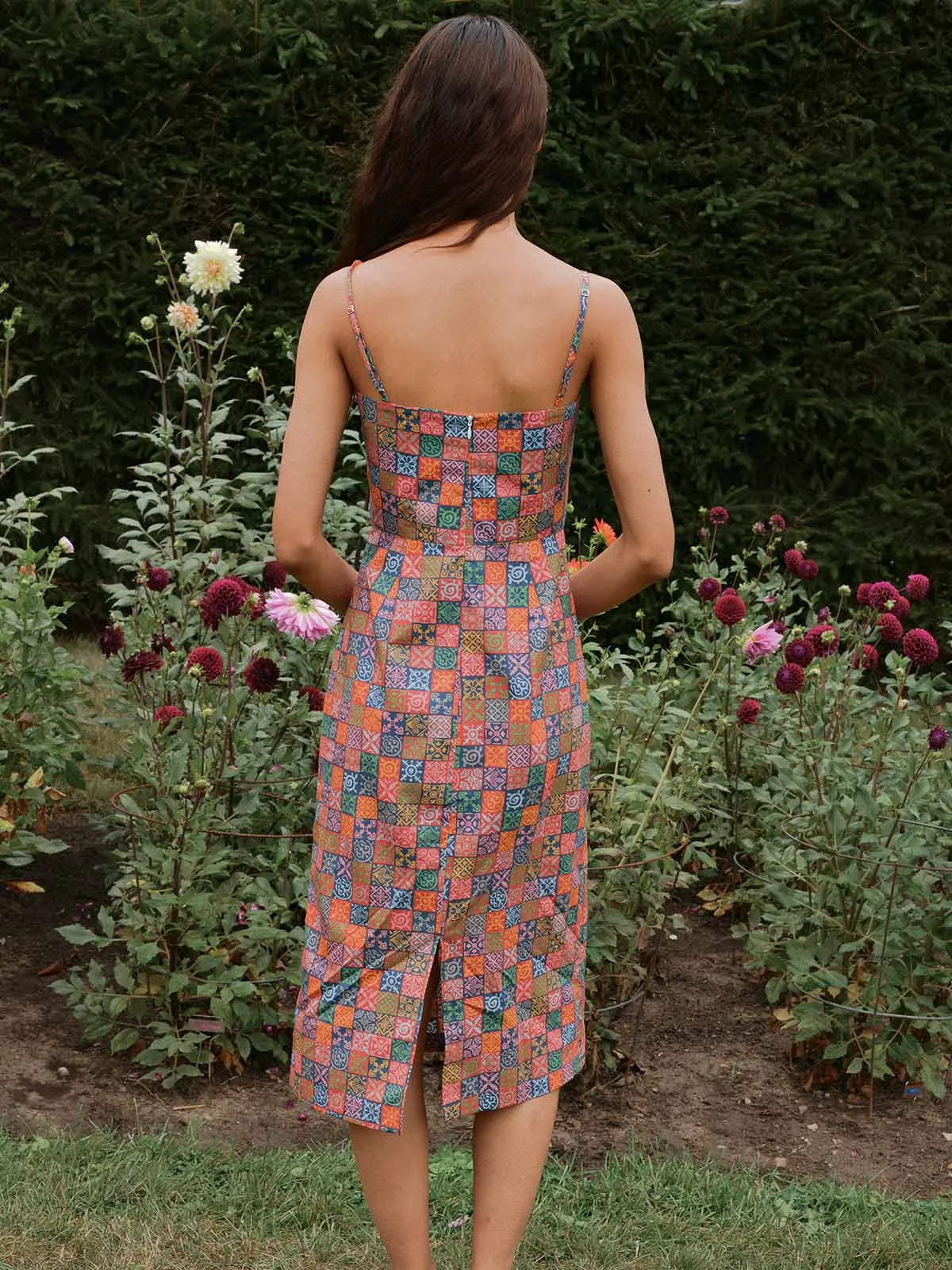 Long Slip Dress in Navy Checkerboard