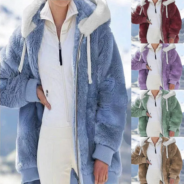 loose plush zipper hooded jacket