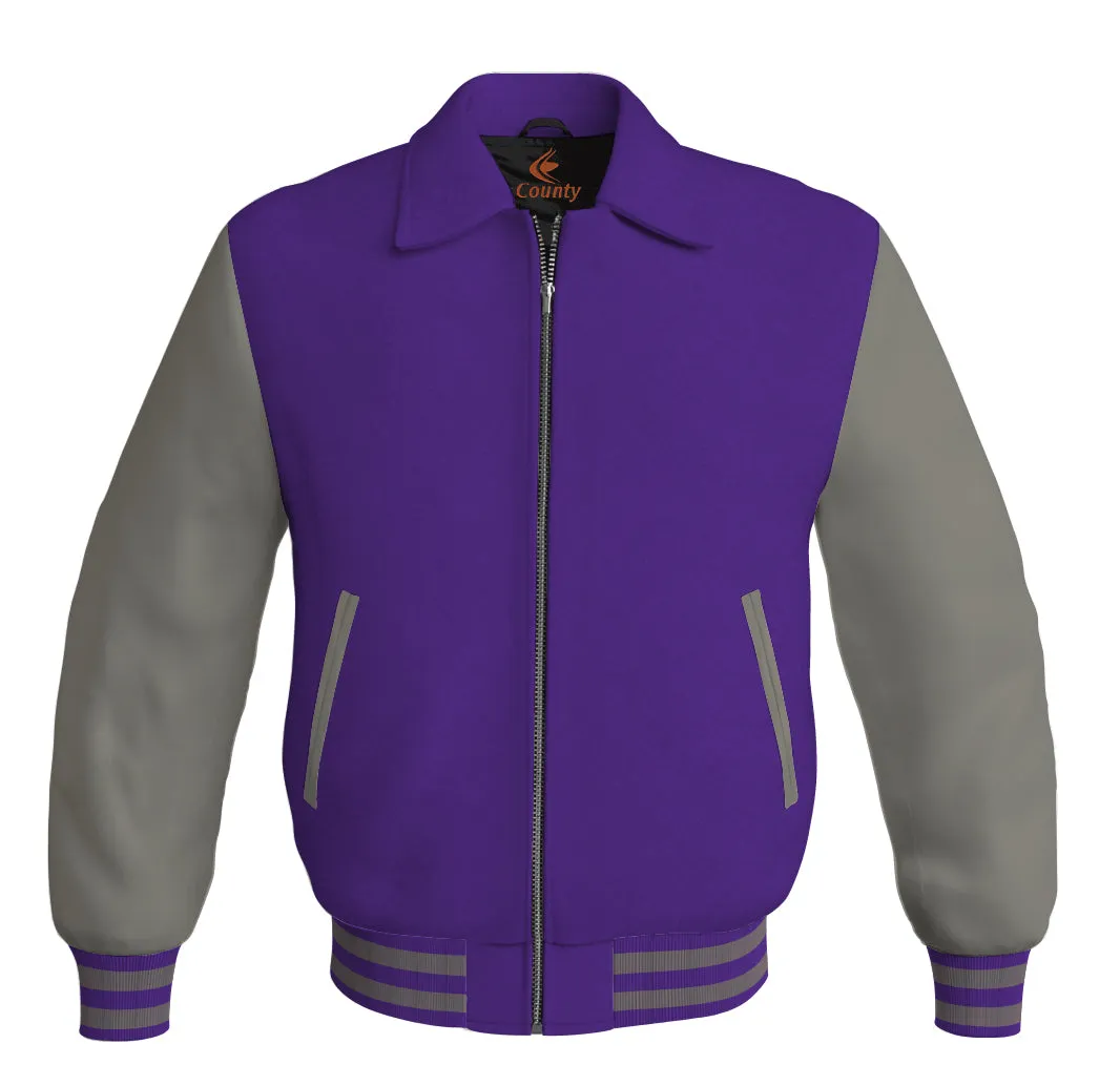 Luxury Bomber Classic Jacket Purple Body and Gray Leather Sleeves