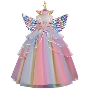 Magical Unicorn Party Dress Fairy Tale Rainbow Dress Dreamy Flower Embellished Gown Halloween cosplay costumes