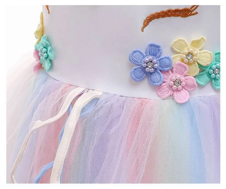 Magical Unicorn Party Dress Fairy Tale Rainbow Dress Dreamy Flower Embellished Gown Halloween cosplay costumes